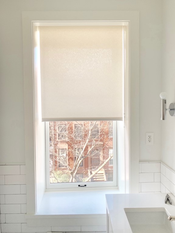 Privacy fabric bathroom window shades